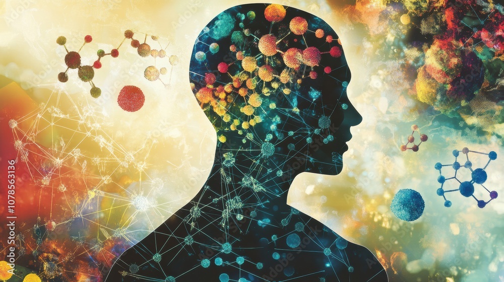 Poster a human silhouette is surrounded by vibrant molecules and intricate diagrams, symbolizing the inters