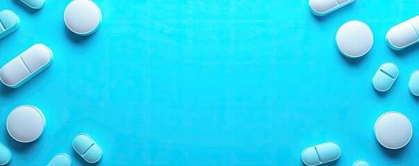 An arrangement of various blue pills and tablets on a vibrant blue background, creating a visually appealing and pharmaceutical-themed composition.