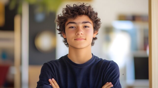 Confident mixed-race teenage boy with curly hair wearing navy sweater smiling warmly with arms crossed in sunlit indoor setting, copy space