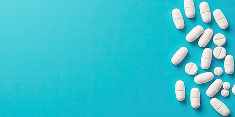 A collection of white pills scattered on a vibrant turquoise background, symbolizing health, medicine, and wellness.