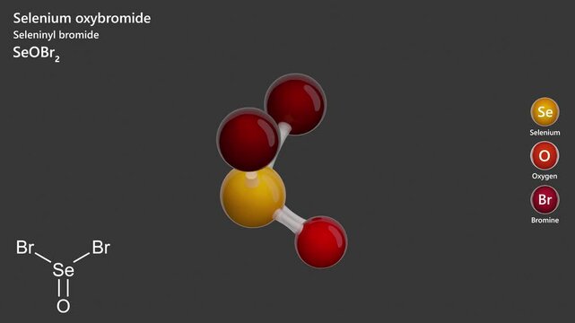 Selenium Oxybromide. Animated 3D model of a molecule. Molecular formula: SeOBr2. Chemical model: Ball and sticks. Gray background. 3D rendering. Seamless loop.