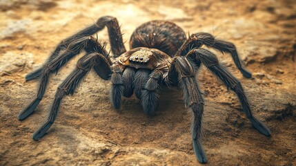 A large, hairy spider with eight legs and a dark brown body is seen up close, with its many eyes facing forward, on a rocky surface.