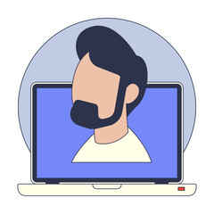 Illustration of a doctor's face on a laptop screen, symbolizing telemedicine.