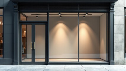 Realistic storefront banner mockup with a blank area above glass windows, ideal for displaying large banners.