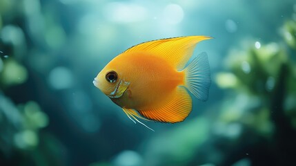 Naklejka premium A vibrant orange angelfish swims gracefully in a freshwater aquarium.