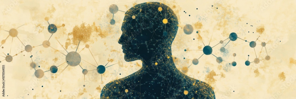 Poster a human silhouette surrounded by molecular structures and diagrams symbolizes the interaction of sci