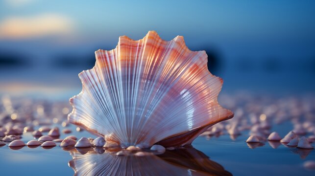 Intricate sea shell close-up on a blue background, showing natural texture and ocean-inspired elegance for decor and design.