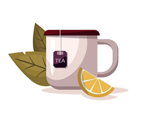 Tea mug, lemon and tea leaf on white background.