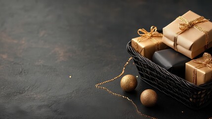 A black basket holds beautifully wrapped gold and black presents, adorned with glittery ornaments, embodying elegance and festive spirit on a dark surface.