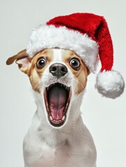 Cheerful dog wearing Santa hat in a festive mood.
