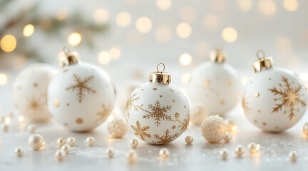 Elegant white and gold Christmas ornaments hang delicately against a sparkling, bokeh-lit background, creating a festive and luxurious holiday ambiance. generative ai