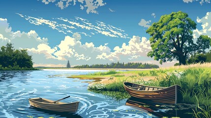 Obraz premium Two boats on a lake in front of a forest on a sunny day.