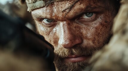 Obraz premium A battle-ready soldier with intense gaze and rugged appearance, embodying sheer determination, resilience, and the challenging realities faced by military personnel.