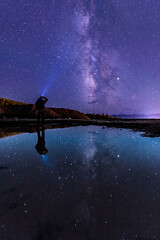 Man Standing in a mud puddle with the milky way reflecting perfectly on a cold night in the rocky mountains of Colorado © Ben