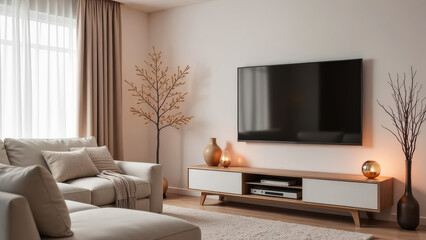 living room interior with a large soft sofa and a large TV