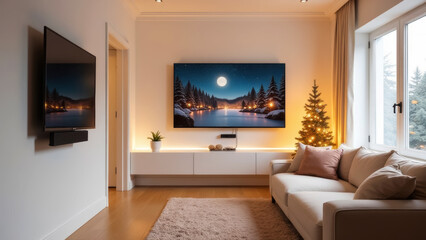 New Year and Christmas interior of the living room with a large soft sofa and a large TV