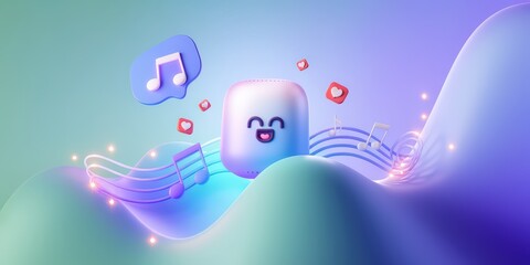 Colorful abstract illustration featuring a cheerful character amidst flowing music notes and vibrant symbols of love, creating a joyful and lively atmosphere