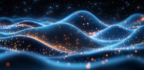 An abstract illustration of a futuristic horizontal digital communication line. Innovations in digital communication technology.