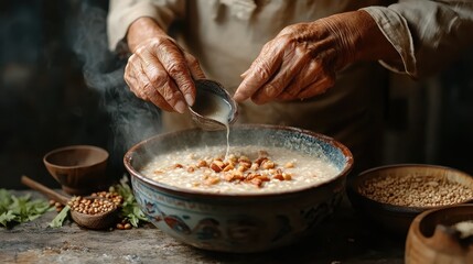 An elderly pair of hands carefully adds ingredients to a steaming traditional dish, conveying warmth, cultural richness, and the nurturing aspect of home-cooked meals.