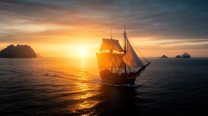 A sailing ship gracefully navigates the open ocean towards a vibrant golden sunset, encapsulating the spirit of adventure and timeless exploration.