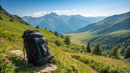 Fototapeta premium Panoramic Landscape of Majestic Mountains with a Backpack, Symbolizing Adventure and Exploration for Travel and Tourism Designs