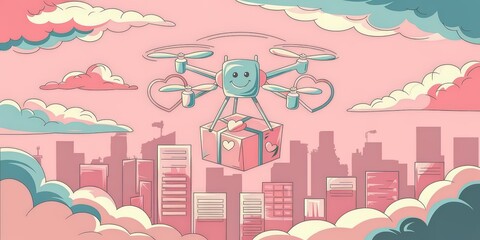Cute Cartoon Drone Delivering Gift Box Surrounded by Soft Clouds and City Skyline in Pastel Colors on a Bright Day