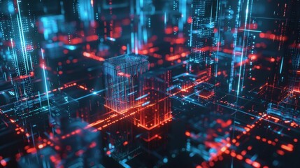 Abstract digital cityscape with glowing blue and red circuitry, representing technology, innovation, and connectivity in a futuristic urban environment filled with data streams