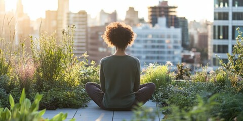 A person practicing deep breathing exercises in a quiet, urban rooftop garden
