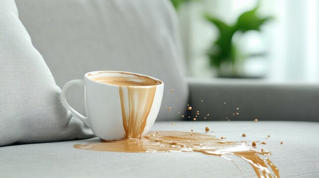 A white coffee cup has accidentally tipped over on a comfy sofa, with coffee splashing elegantly onto the fabric, creating visually striking liquid patterns.