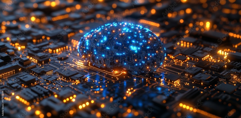 Poster digital circuit network in the shape of a brain, showing innovations and technologies in data commun