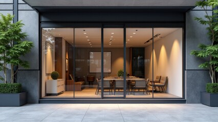 Coffee shop storefront mockup with a clean, blank sign area, ideal for displaying café logos or menu boards.