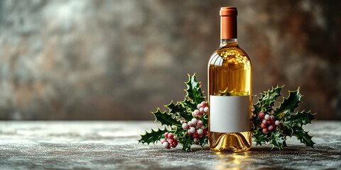 A bottle of wine, a bottle of alcohol. Christmas decor. A place for the text.