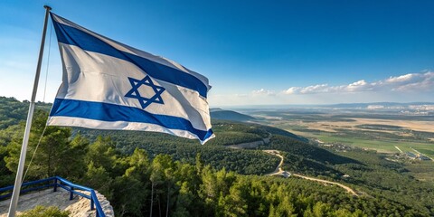 Panoramic Photography of the 3D Flag of Israel, Capturing the Dynamic Movement and Symbolism of National Identity Against a Stunning Landscape Backdrop