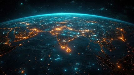 Obraz premium A vibrant view of Earth at night, highlighting urban lights.