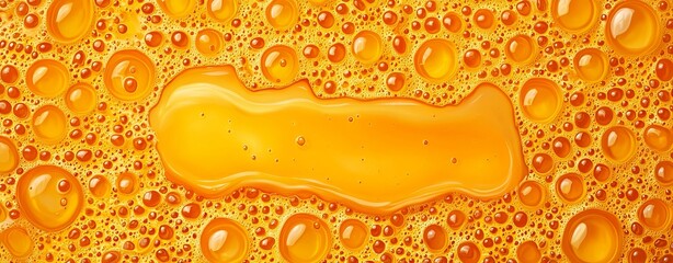 Close-up of vibrant orange drink bubbles and foam texture, refreshing beverage background.