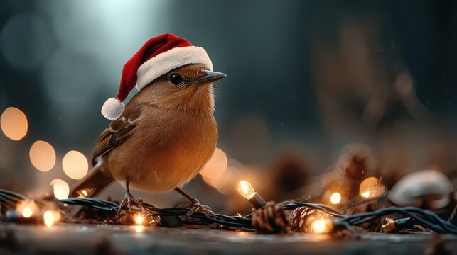 A small bird is seen wearing a Santa hat, surrounded by glowing lights, creating a charming and heartwarming atmosphere that evokes holiday festivity.