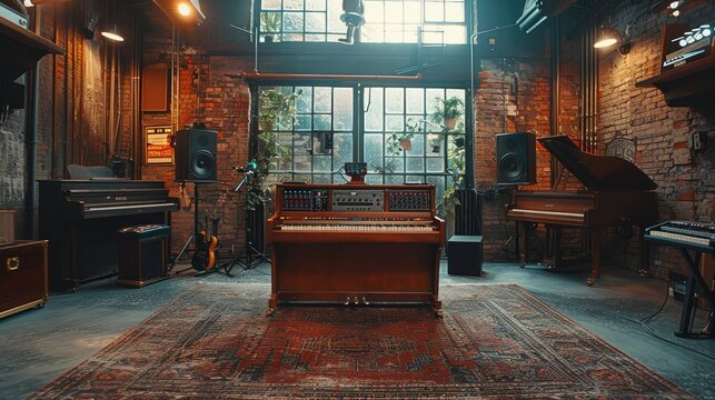 A vintage recording studio with a piano, guitar, and speakers.