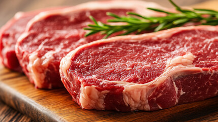 Obraz premium Raw beef steaks with rosemary on cutting board