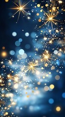 Vertical Christmas background with golden stars, blue gradient, and sparkling festive lights.