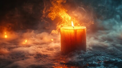 Burning Candle in a Mystical Setting