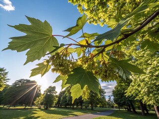 Naklejka premium Panoramic View of Norway Maple Fruits in a Sunny Park During Late Summer, Showcasing Nature's Beauty and Vibrant Colors Beneath a Clear Blue Sky