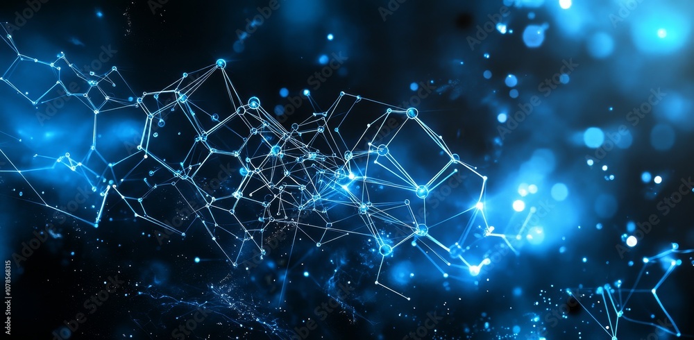 Poster intense glowing blue hexagonal pattern with circuit network background.