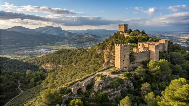 Panoramic View of the Historic Muslim Ruins at Marinyn Castle Overlooking Tavernes de la Valldigna in Beautiful Benifair, Valencian Community, Spain