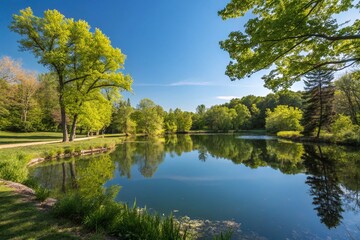Fototapeta premium Panoramic View of Tranquil Pond Mirroring Lush Trees and a Bright Sky, Capturing the Serenity of Nature in a Picturesque Landscape Scene