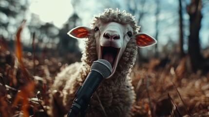 Obraz premium A sheep stands in a natural setting, appearing to vocalize into a microphone, capturing a humorous and lively moment full of personality and pastoral charm.