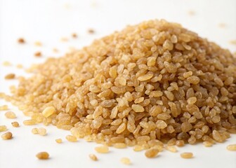 Fototapeta premium Pile of Bulgur Durum Wheat Isolated on White Background for Culinary and Health Uses, Showcasing Natural Grain Texture and Color Variations in a Clean, Minimalist Presentation