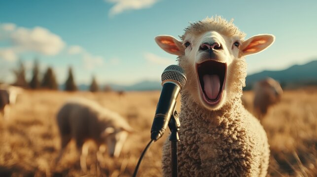 A sheep appears to be singing into a microphone in a sunny field, showcasing a humorous blend of pastoral tranquility and playful creativity against a picturesque backdrop.