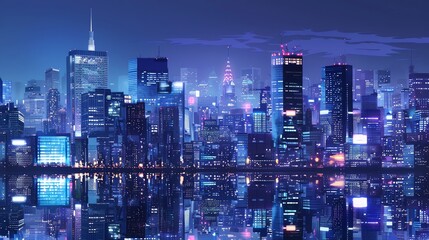 Obraz premium A stylized futuristic cityscape at night with a large, bright sun in the background.