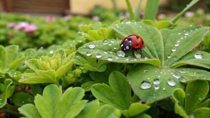 Obraz premium Playful Ladybug on a Leaf Surrounded by a Lush Green Garden - Perfect for Nature Lovers and Illustrators Seeking Vibrant and Whimsical Imagery
