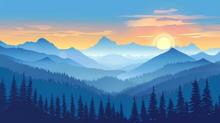 Obraz premium A mountain range at sunset, with a forest of pine trees in the foreground.